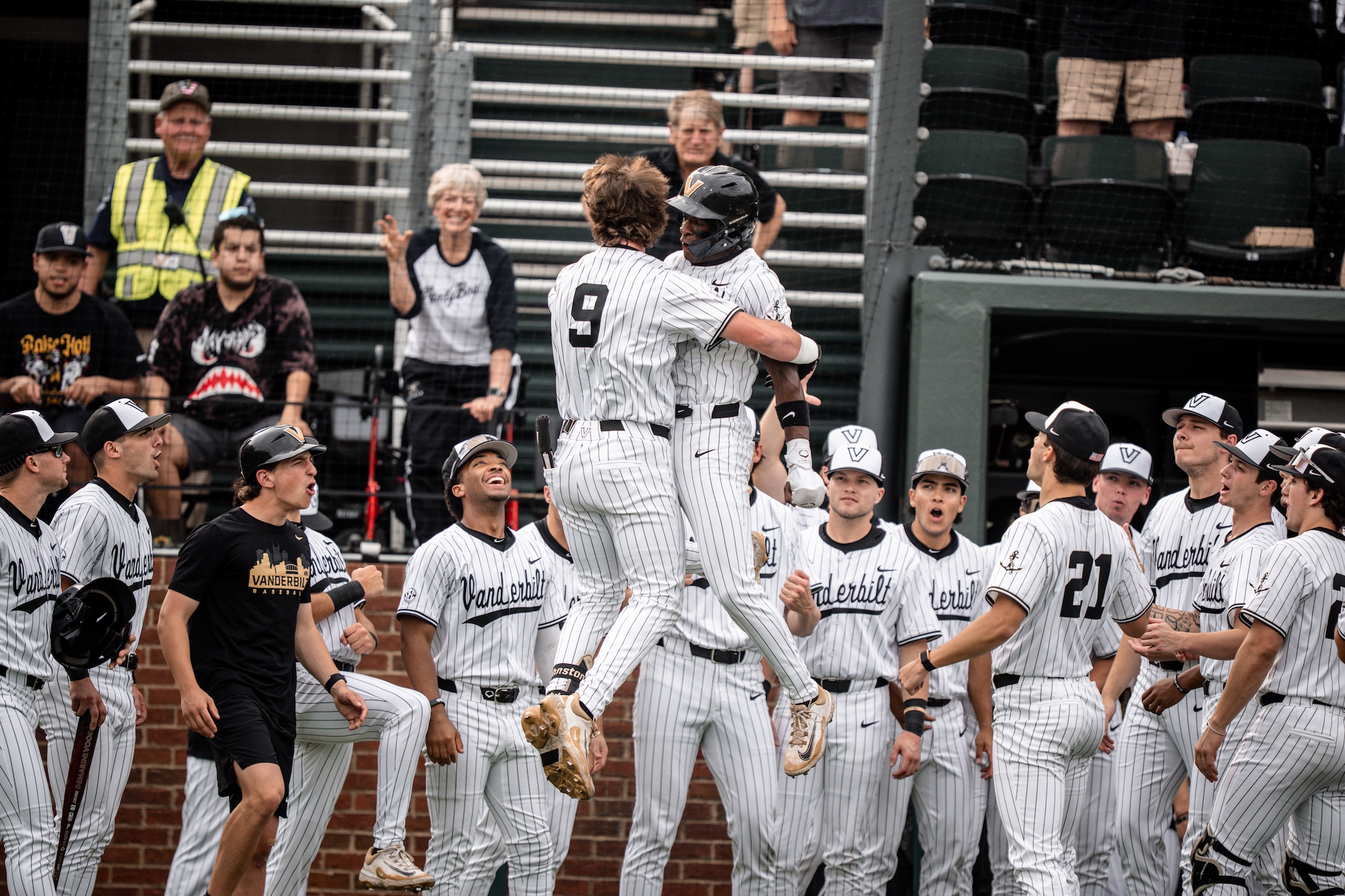 Members of the Vanderbilt baseball team celebrate a win over Kentucky at Hawkins Field, May 16, 2025.