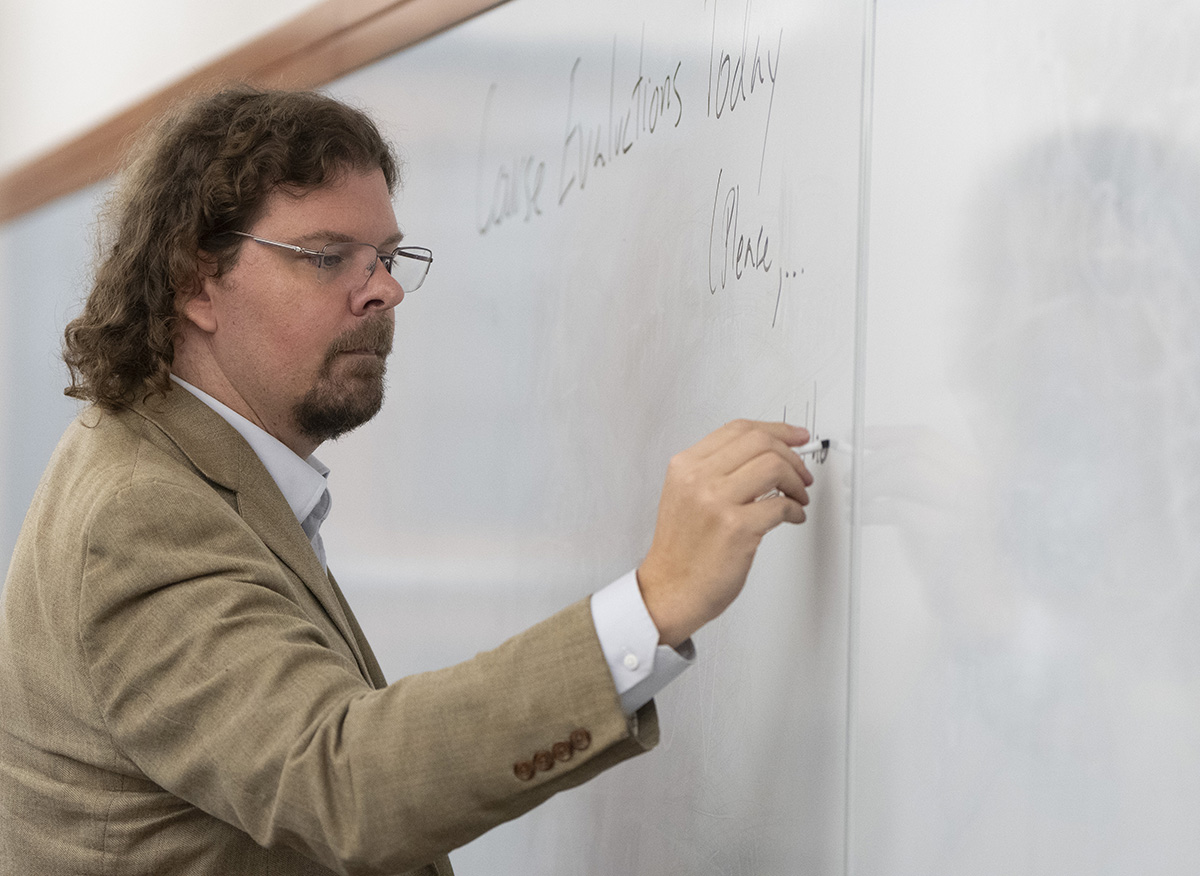 Bennett A. Landman, Ph.D. is Stevenson Chair of Engineering, Professor of Electrical and Computer Engineering at Vanderbilt University. He is seen here working with students at Featheringill Hall. 