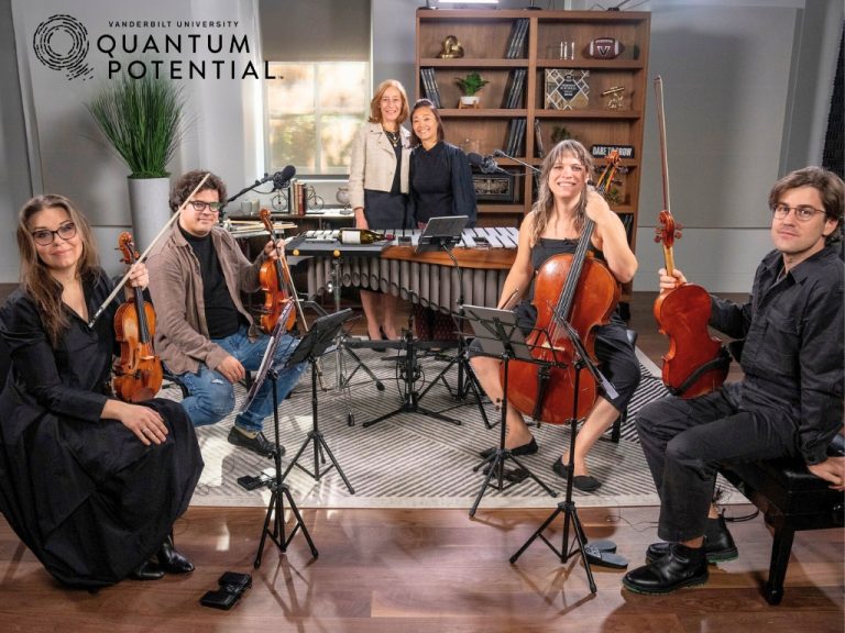 Provost C. Cybele Raver stands with Ji Hye Jung, associate professor of percussion at Vanderbilt’s Blair School of Music, and the multi–Grammy Award–winning Attacca Quartet—Amy Schroeder and Domenic Salerni (violins), Nathan Schram (viola), and Andrew Yee (cello). 