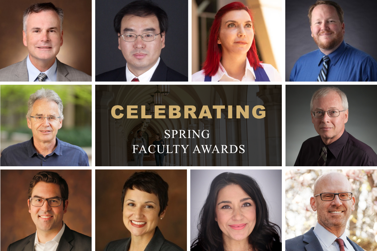 Image text reads: "Celebrating Spring Faculty Awards" and features headshots of the ten awardees.