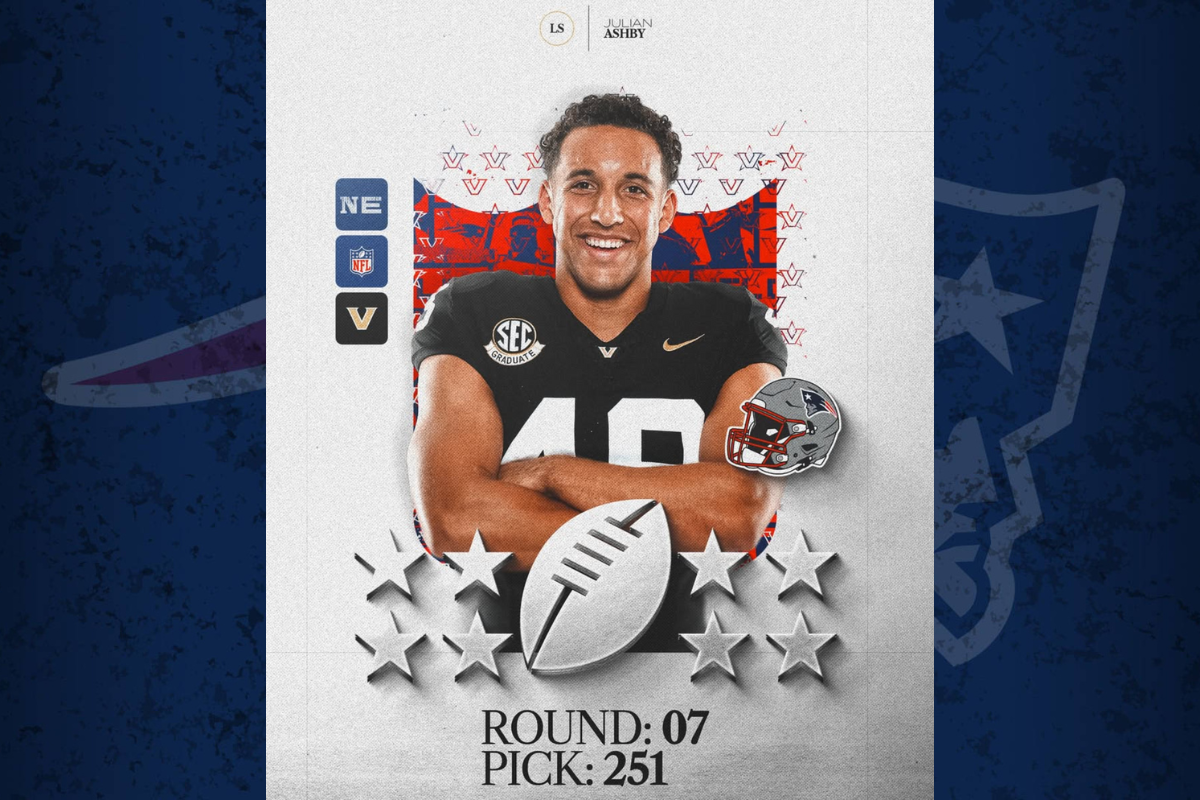 Julian Ashby crosses his arms and smiles. Image graphics include the Patriots' logo and the Vanderbilt "V."
