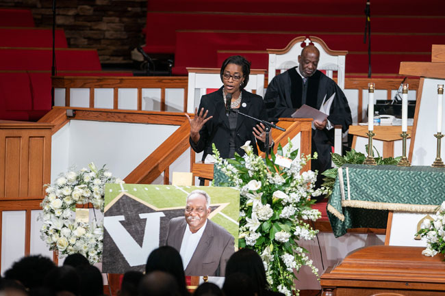 Associate Vice Chancellor for University Affairs and Deputy Athletics Director Candice Storey Lee, who worked with Williams for nearly two decades, urged all those who knew Williams to use his support for equity and inclusion as a call to action. (Joe Howell/Vanderbilt)