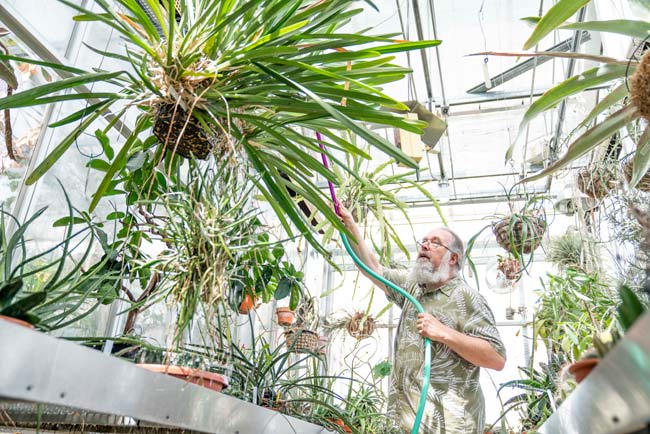Greenhouse manager Jonathan Ertelt waters plants in the greenhouses atop Stevenson Center II. (John Russell/Vanderbilt)