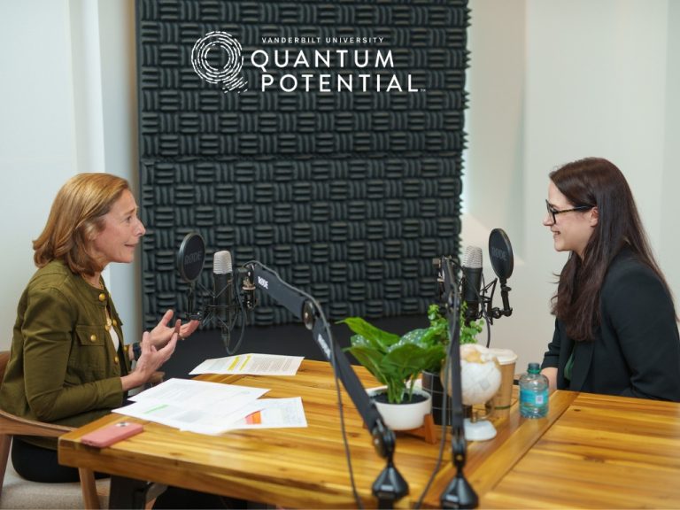 C. Cybele Raver sits with Erin Calipari to tape an episode of the podcast 'Quantum Potential.'