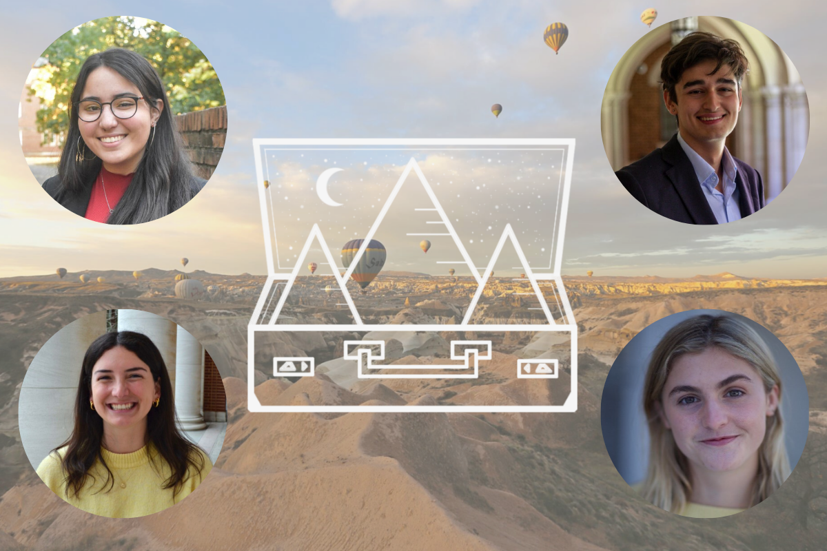 An white logo outline of a suitcase against a backdrop of mountains and hot air balloons with four student photos