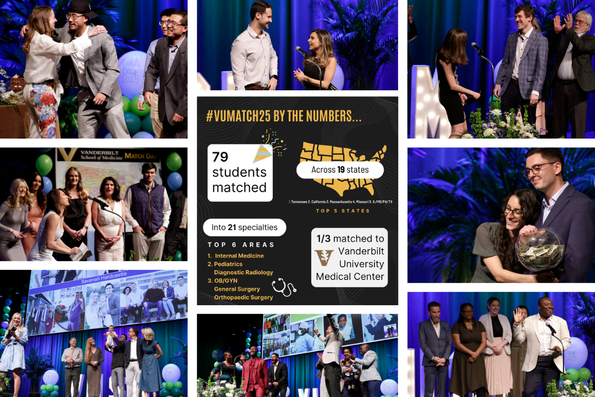 Various photos from Vanderbilt's Match Day featuring students on stage