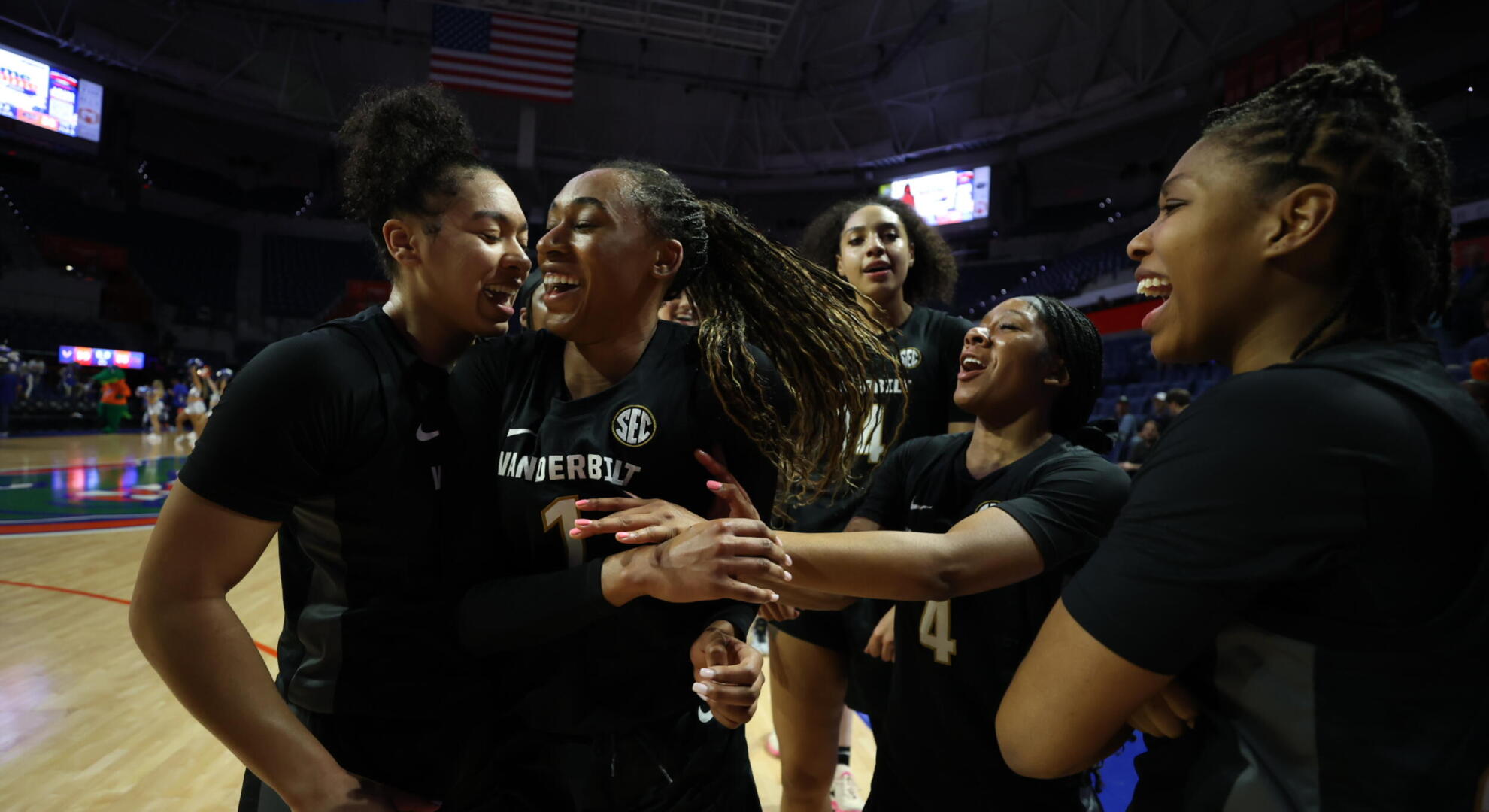 Mikayla Blakes celebrates her record-setting points scored with fellow Vanderbilt women's basketball teammates. 