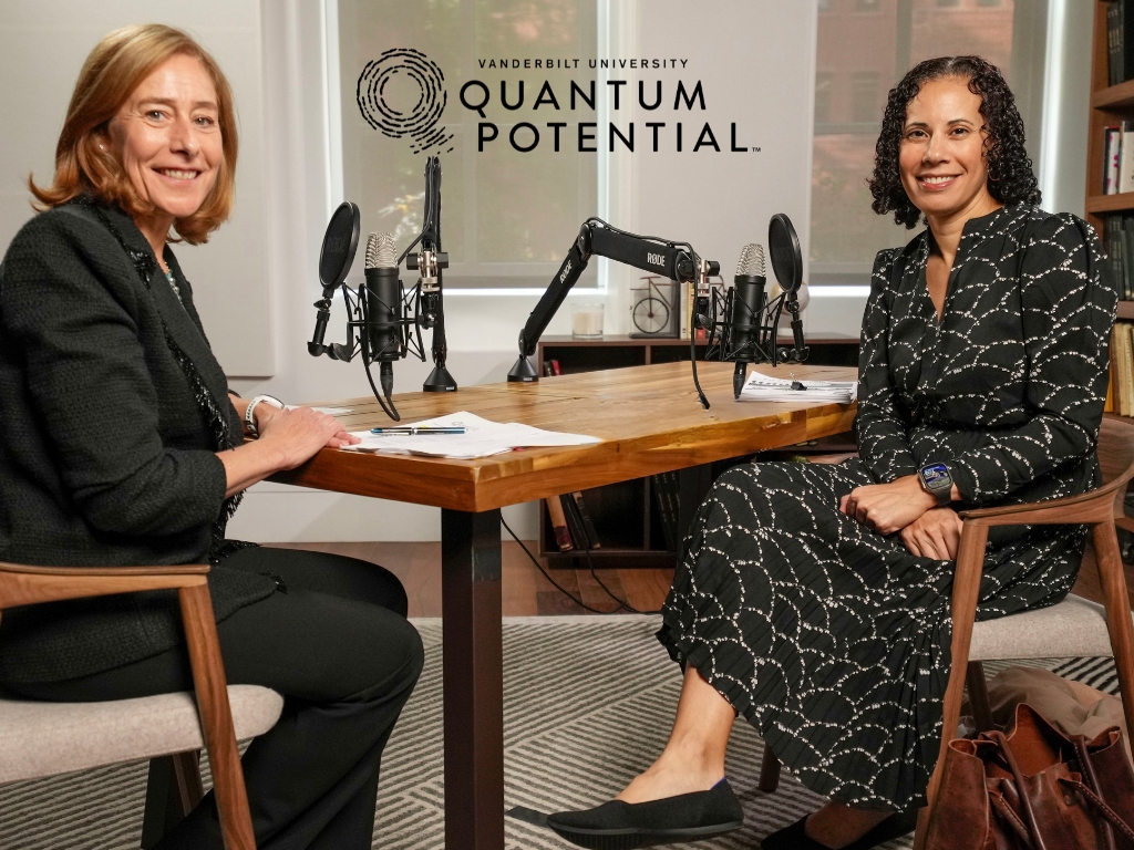 C. Cybele Raver sits with Lauren Sudeall to tape an episode of the podcast 'Quantum Potential.'
