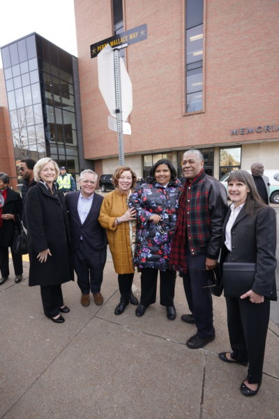 Perry Wallace Way dedication on February 22 (l to r) Interim Chancellor and Provost Susan R. Wente, Nashville Mayor John Cooper, Karen Wallace, Gabrielle Wallace, Godfrey Dillard, Metro Councilmember Burkley Allen (John Russell/Vanderbilt)