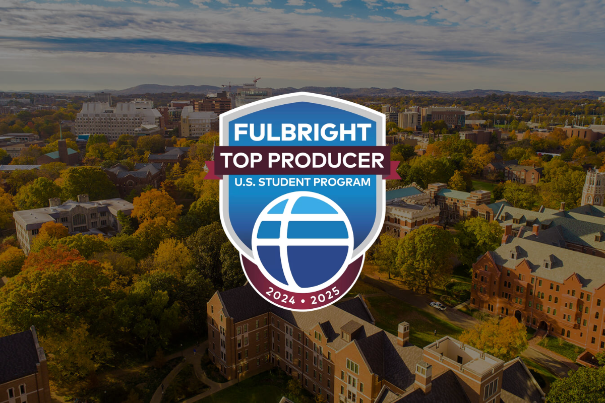 Aerial view of Vanderbilt campus with Fulbright logo overlaid on the image