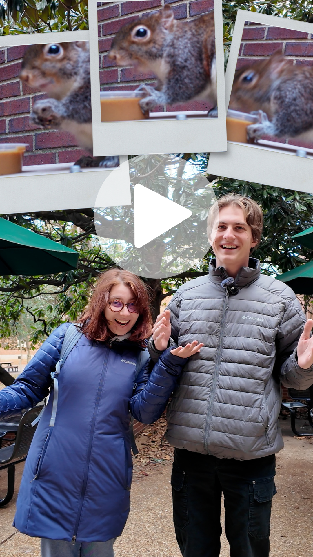 An image of two students who created a squirrel scale on campus. 