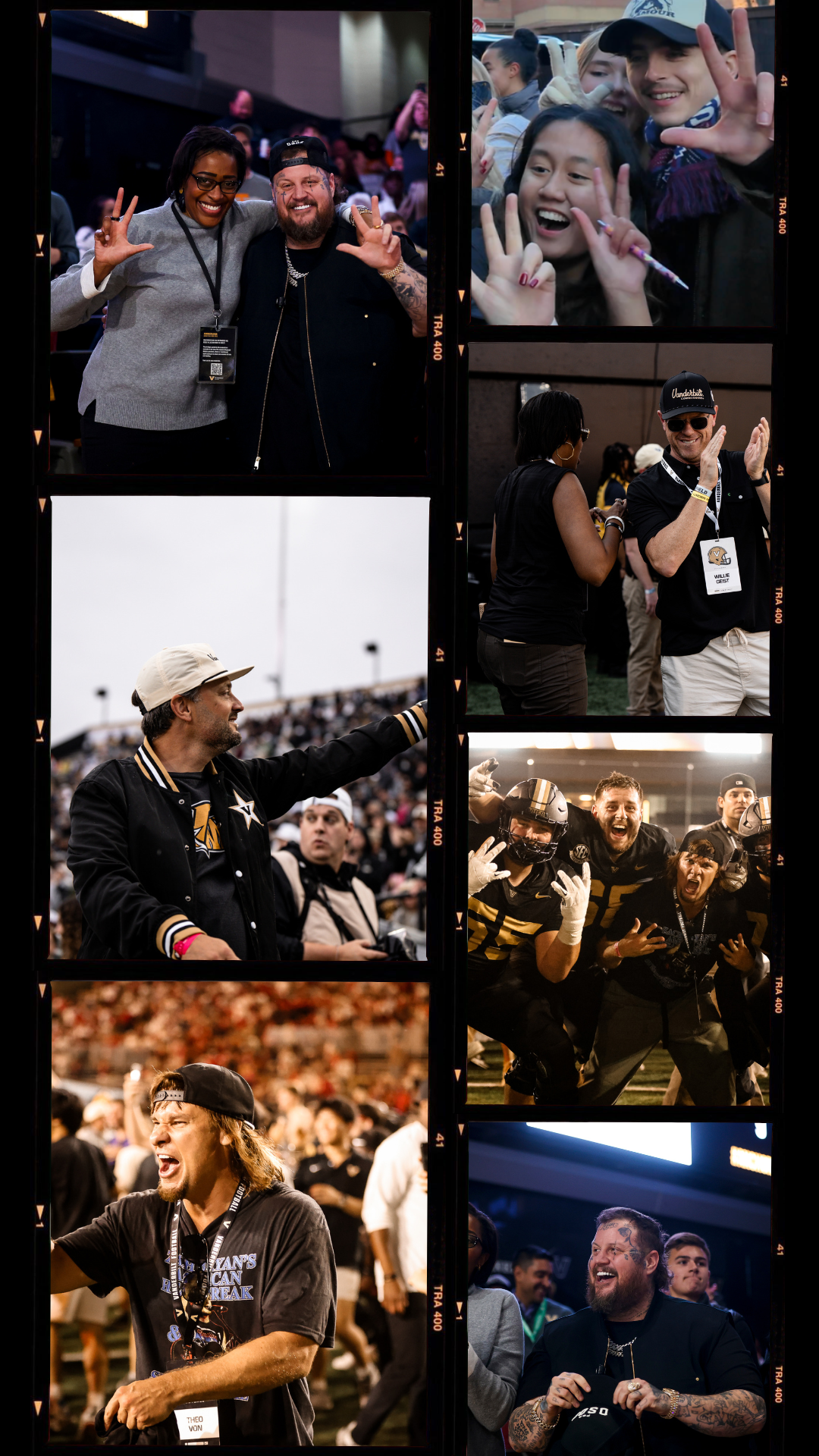 Collage of celebrities visiting Vanderbilt, including Jelly Roll, Timothee Chalamet, Theo Von and Nate Bargatze. 