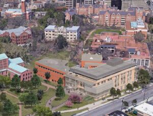 Renderings from William Rawn Associates, Architects, Inc., show a bird's-eye view and an exterior elevation of the Management Hall expansion and renovation.