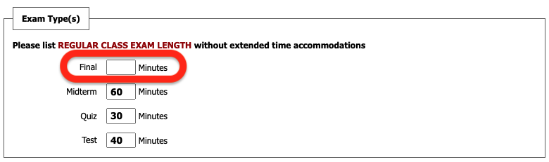 screenshot of testing agreement with finals left blank, 60 minutes in the midterms box, 30 in quizzes, 40 in tests