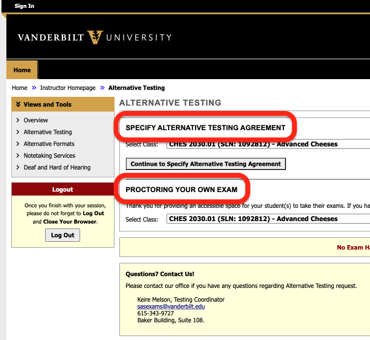 screenshot of portal with specify testing agreement heading and proctoring your own exam heading highlighted
