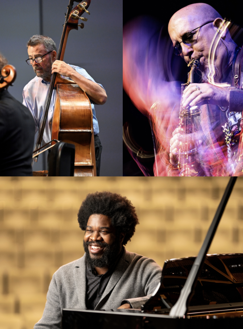 Top left: Edgar Meyer plays the bass, Top right: Jeff Coffin plays the saxophone, Bottom: Dashon Burton sits at a piano.