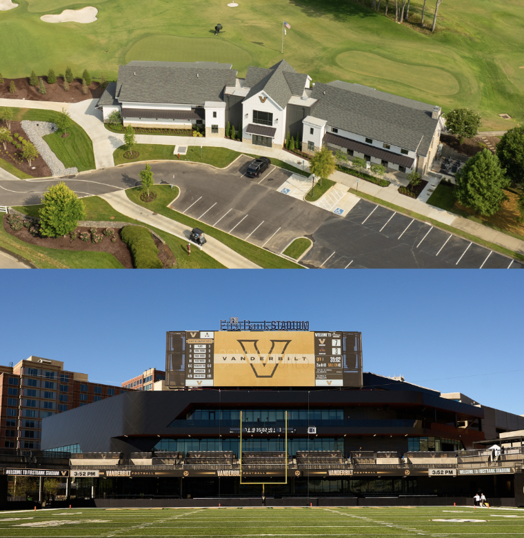 The top photo shows the new Vanderbilt Golf House, and the bottom photo shows the new Huber Center at FirstBank Stadium