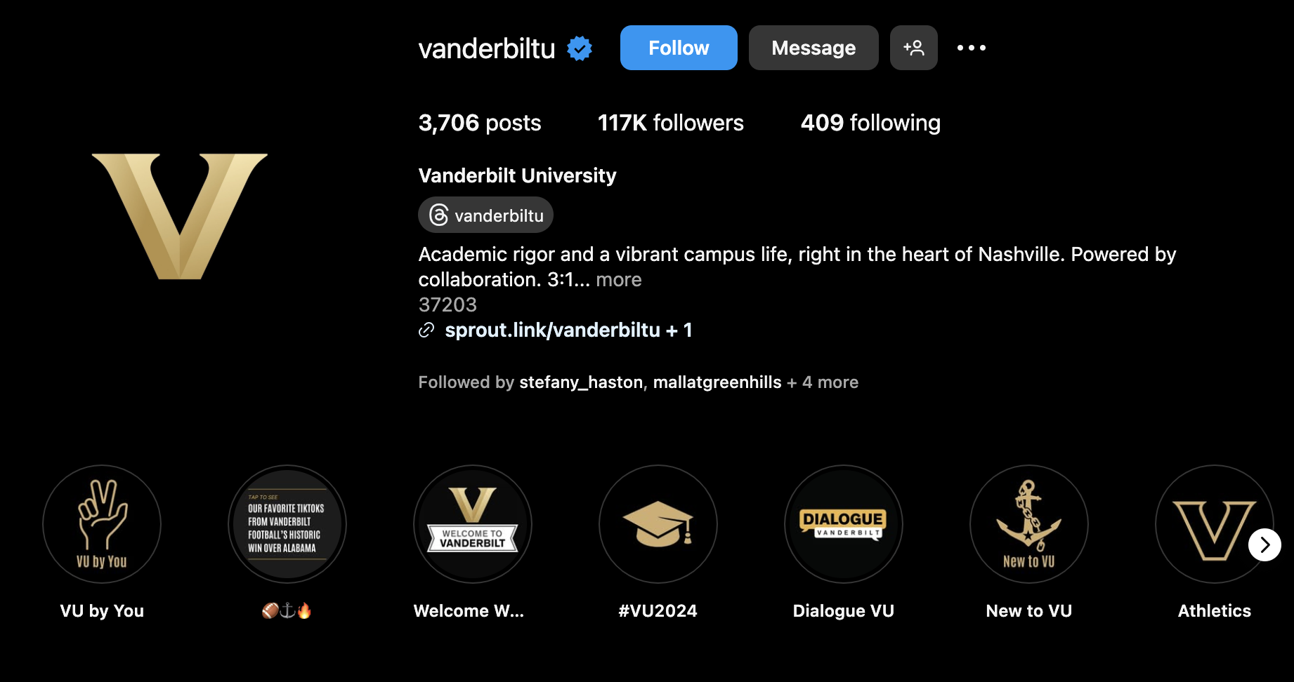 Screenshot of Vanderbilt's instagram account.