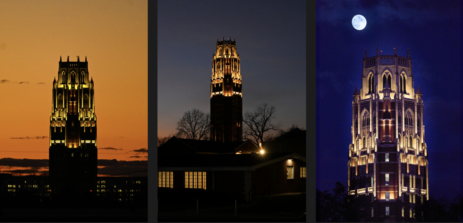 Three photos of West End tower at different times of day.