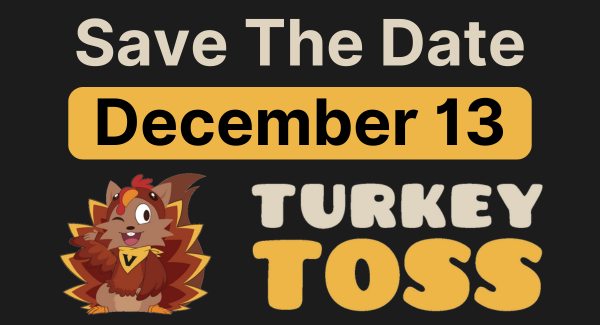 Image text reads: "Save The Date: December 13 Turkey Toss" and features a cartoon squirrel wearing a Vanderbilt "V" bandana and a turkey costume. 