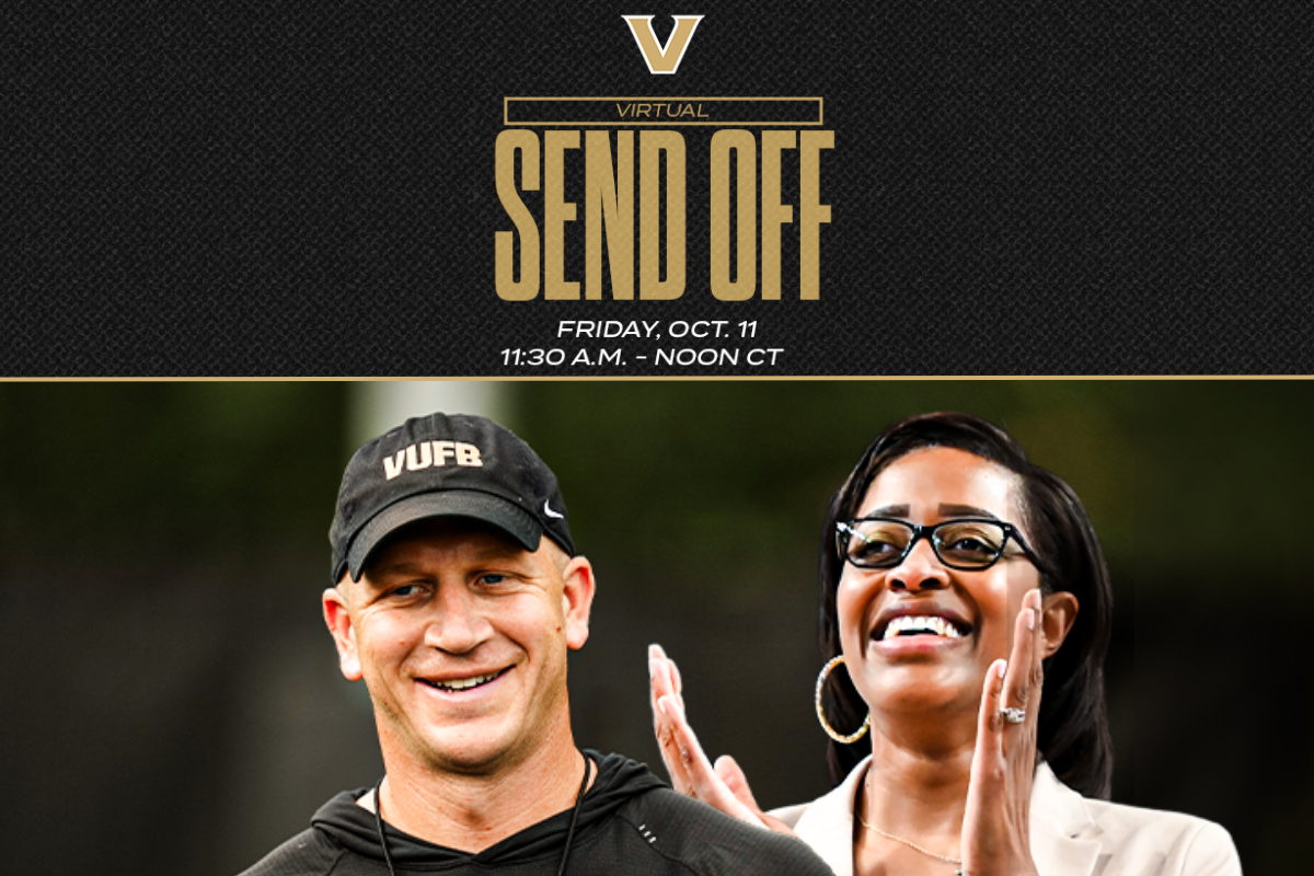 Image features football coach Clark Lea and Athletic Director Candice Storey Lee. Image text reads: "Virtual Send Off: Friday, Oct. 11, 11:30 a.m. to noon CT."