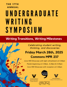 This colorful image promotes attendance at the 2025 Undergraduate Writing Symposium being held Friday, March 28, 2025, in Commons Center 237.