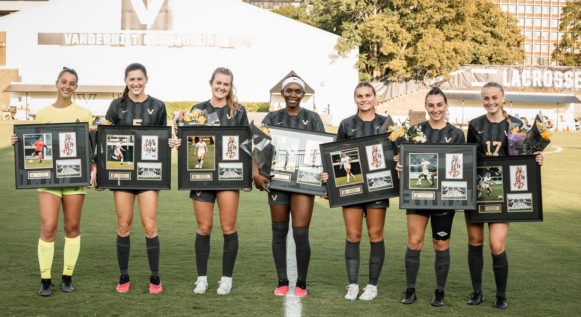 Vanderbilt Soccer senior players pose for a photo on Senior Night. 