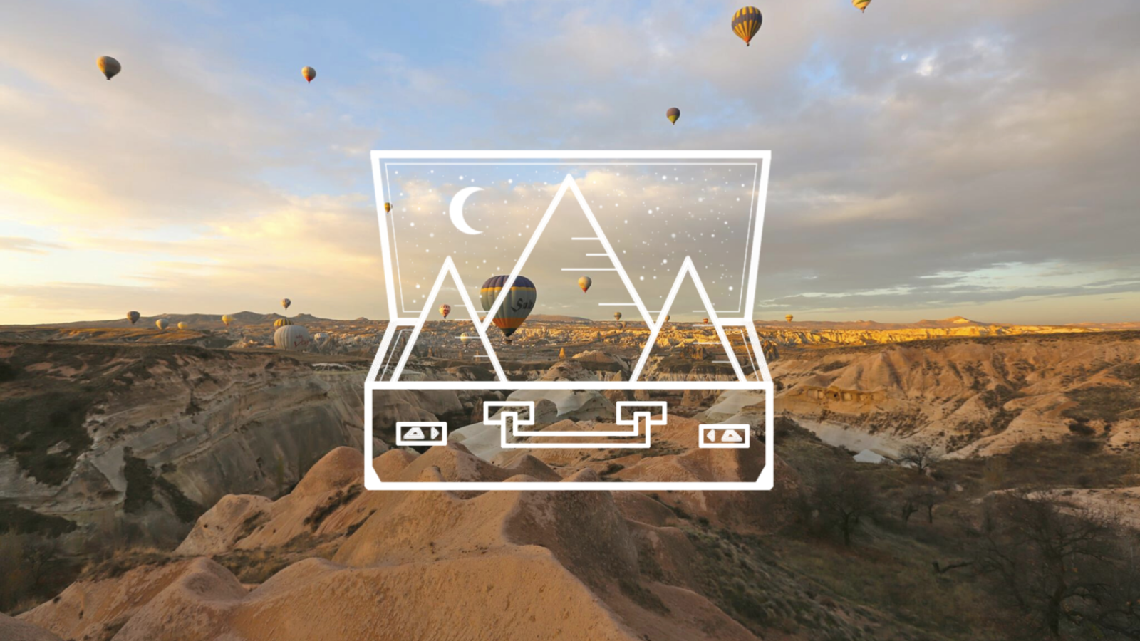 A mountain range with hot air balloons floating in the sky is overlayed with the Keegan Travelling Fellows logo