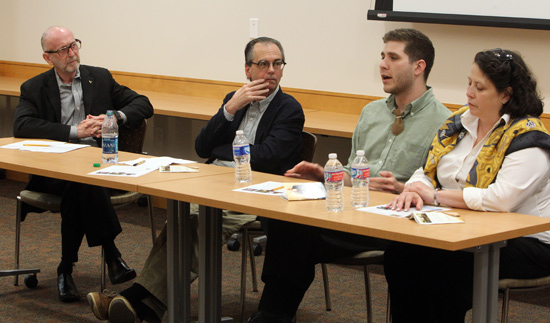 Nations_Within_States_panel The panel discussion on Indian sovereignty featured (l-r) Jim Lovensheimer, associate professor of musicology; Daniel Usner, Holland M. McTyeire Professor of History; and Vanderbilt alumnus DeLesslin “Roo” George-Warren and his mother, Wanda, both of whom are members of the Catawba Indian Nation. (Steve Green/Vanderbilt)