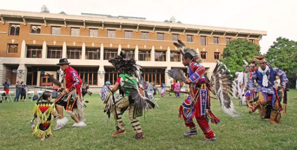 Powwow_dance_fi L-r: James Yockonhawken, Matthew Yockonhawken, Michael Yockonhawken, Dante Robinson, Grady Johns, Paul D. Hinton and Zeke Reedy. (Steve Green/Vanderbilt)