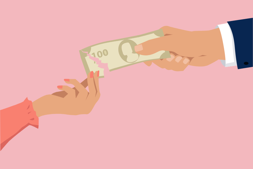Pictured: On a pink background, a graphic of a $100 bill unites 2 hands in the center of the frame. One of the hands represents a woman reaching for the money, and the other hand belongs to a man. The man has a firmer grip on the $100 bill, and the woman is tearing away a small corner of the bill. The image is symbolic for the gender pay gap.
