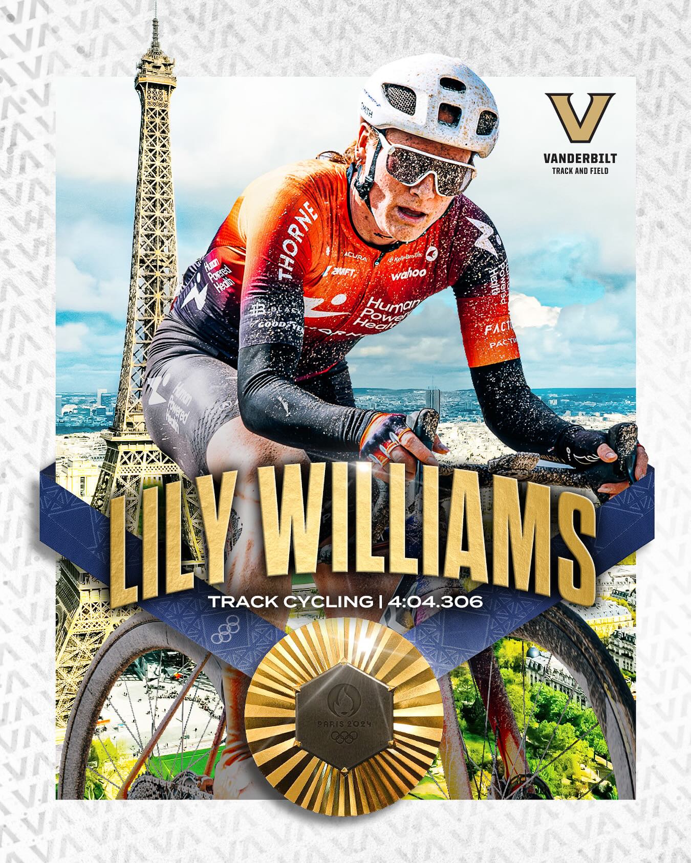 Image text reads: "Lily Williams: Track Cycling, 4:04.306" with an image of Williams riding a bike overlaying the Eiffel Tower. An Olympic gold medal is shown beneath Williams.