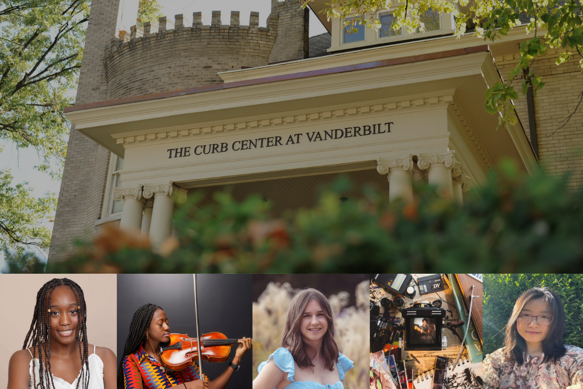 An image of the front of the Curb Center sits atop headshots of the new Curb Scholars. 