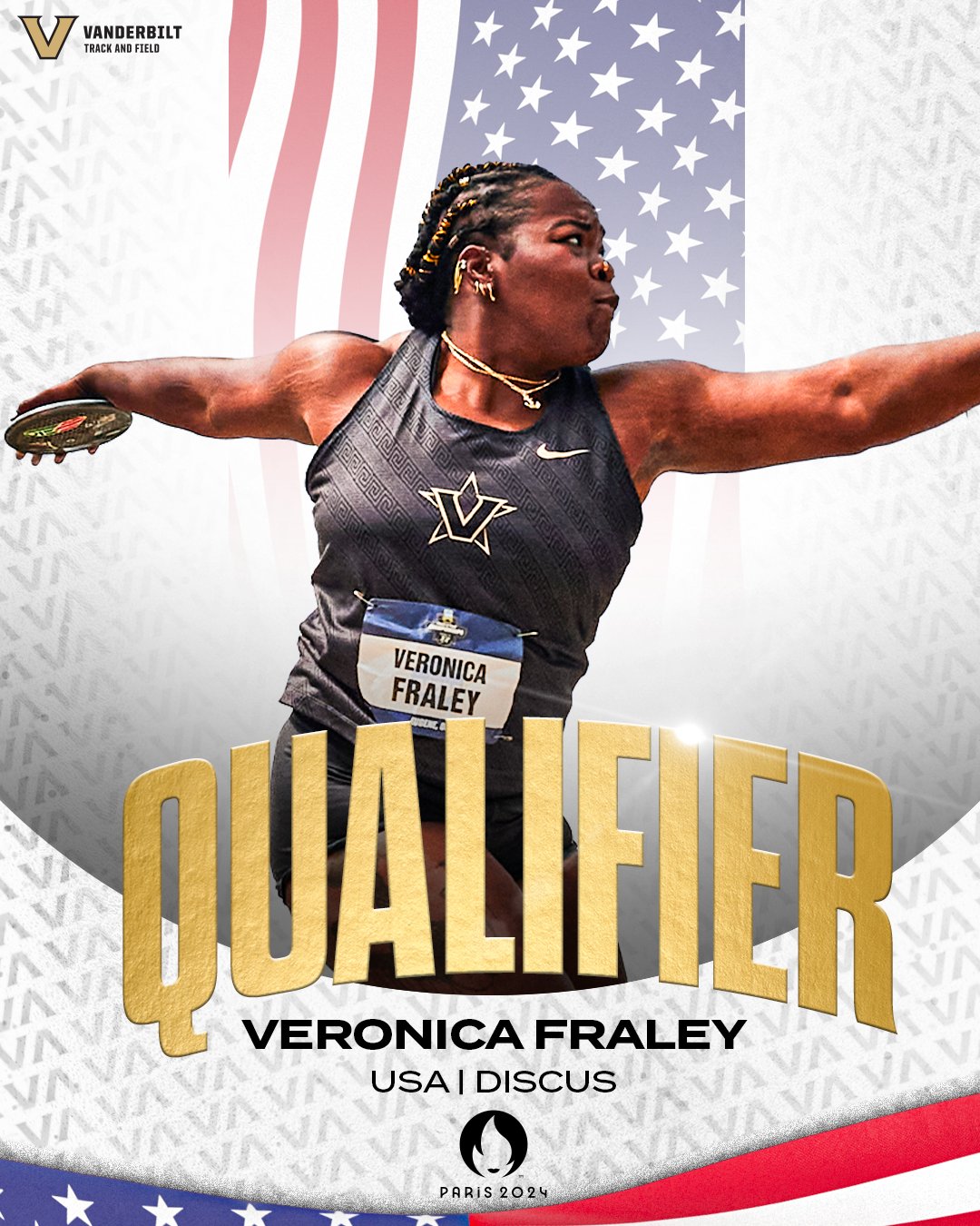 Image text reads: "QUALIFIER: Veronica Fraley, USA, Discus, Paris 2024" with a photo of Veronica Fraley throwing the discus set over an image of the American flag. 
