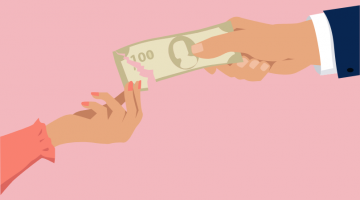 Pictured: On a pink background, a graphic of a $100 bill unites 2 hands in the center of the frame. One of the hands represents a woman reaching for the money, and the other hand belongs to a man. The man has a firmer grip on the $100 bill, and the woman is tearing away a small corner of the bill. The image is symbolic for the gender pay gap.