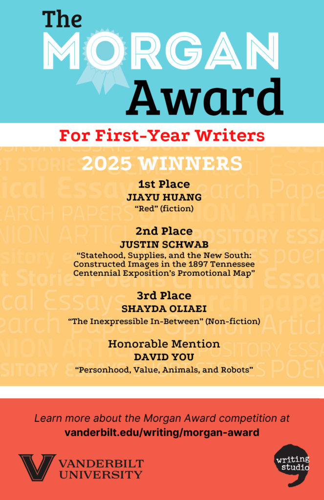 This colorful image is a poster announcing the winners of the 2025 Morgan Award for First-Year Writers