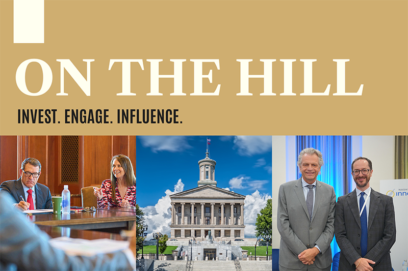 Graphic for 'On the Hill' featuring the tagline 'Invest. Engage. Influence.' The image includes three sections: a U.S. Rep. Mark Green, R-Tenn., and CISA Director Jen Easterly at a table, a central image a group photo TBI and Vanderbilt officials, and Vanderbilt University Chancellor Daniel Diermeier and Nashville Mayor Freddie O'Connell posing at an event.