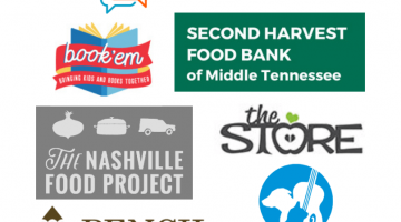 Pictured: The logos of the organizations participating in Owen Community Service Day are arranged on a while square. AbleVoices is written in a bright blue and orange with a graphic of a speech bubble layered under a camera. The logo for Book 'em is a partially opened blue book with the binding facing forward. A banner with "book 'em" is across the binding of the book. The logo for Metro Nashville Animal Care & Control is a blue circle with the silhouette of a guitar, dog, and cat. Pencil's logo features a the tip of a blue pencil that is sharpened to the left of "Pencil." Second Harvest Food Bank of Middle Tennessee is written in white letters on a green background. The Nashville Food Project is written in white letters under an onion, pot, and truck. The Store is written out with an apple as the "o" in store.