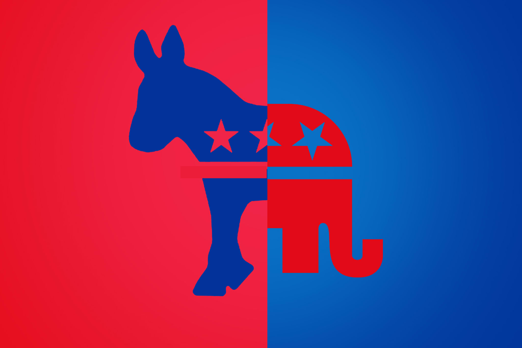 Split image, with the left side featuring the outline of a donkey in blue over a red background, and the right side featuring the outline of an elephant in red over a blue background.