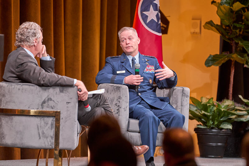 Chancellor Daniel Diermeier speaks with Gen. Timothy Haugh, director of the NSA, who provided an overview of intelligence, military and commercial threats from China.