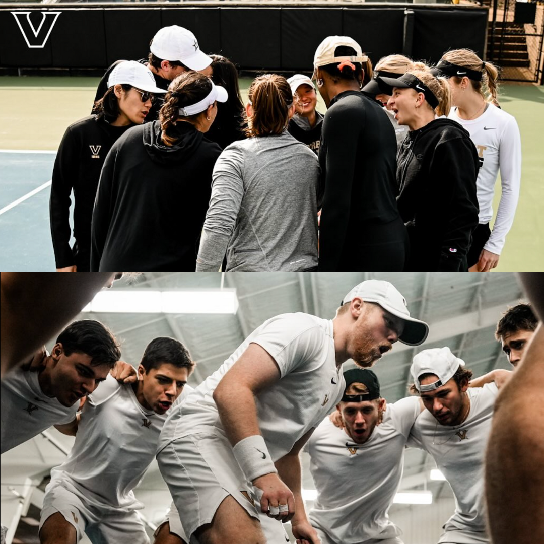 Split image featuring both the men's and women's tennis teams celebrating their NCAA Regional selections.