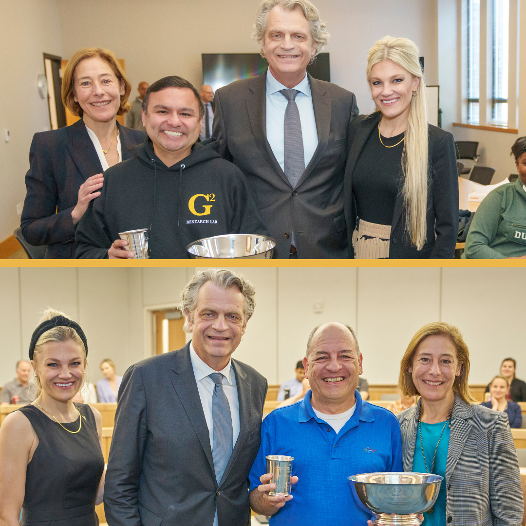 Stacked image with top photo featuring (left to right) Provost and Vice Chancellor for Academic Affairs C. Cybele Raver, Associate Professor of Medicine, Health, and Society Gilbert Gonzales, Chancellor Daniel Diermeier and President of the Nashville Vanderbilt Club Melissa Lee Smithson. The bottom image features (left to right) Smithson, Diermeier, Associate Professor of Operations Management Michael A. Lapré, and Raver. 