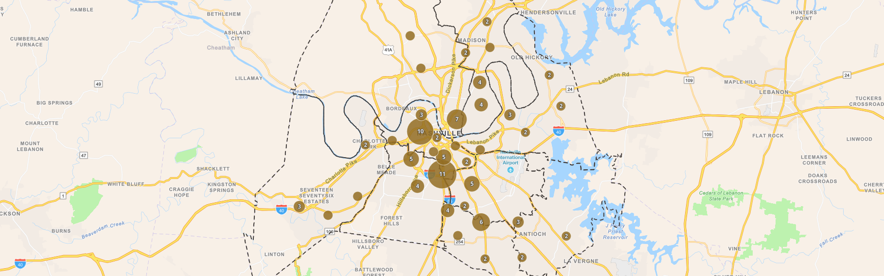 map of Nashville area with scattered dots representing partnerships between Vanderbilt University and Metro Nashville Public Schools