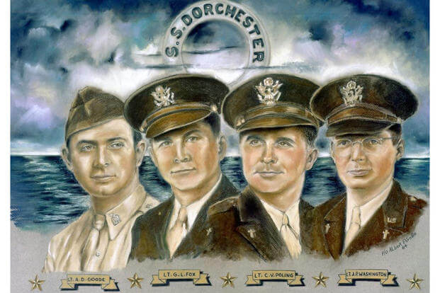 Drawing of the U.S. Military Four Chaplains, commemorating the anniversary of the sinking of the United States Army Transport Dorchester and the selfless acts of four Army chaplains aboard during World War II.