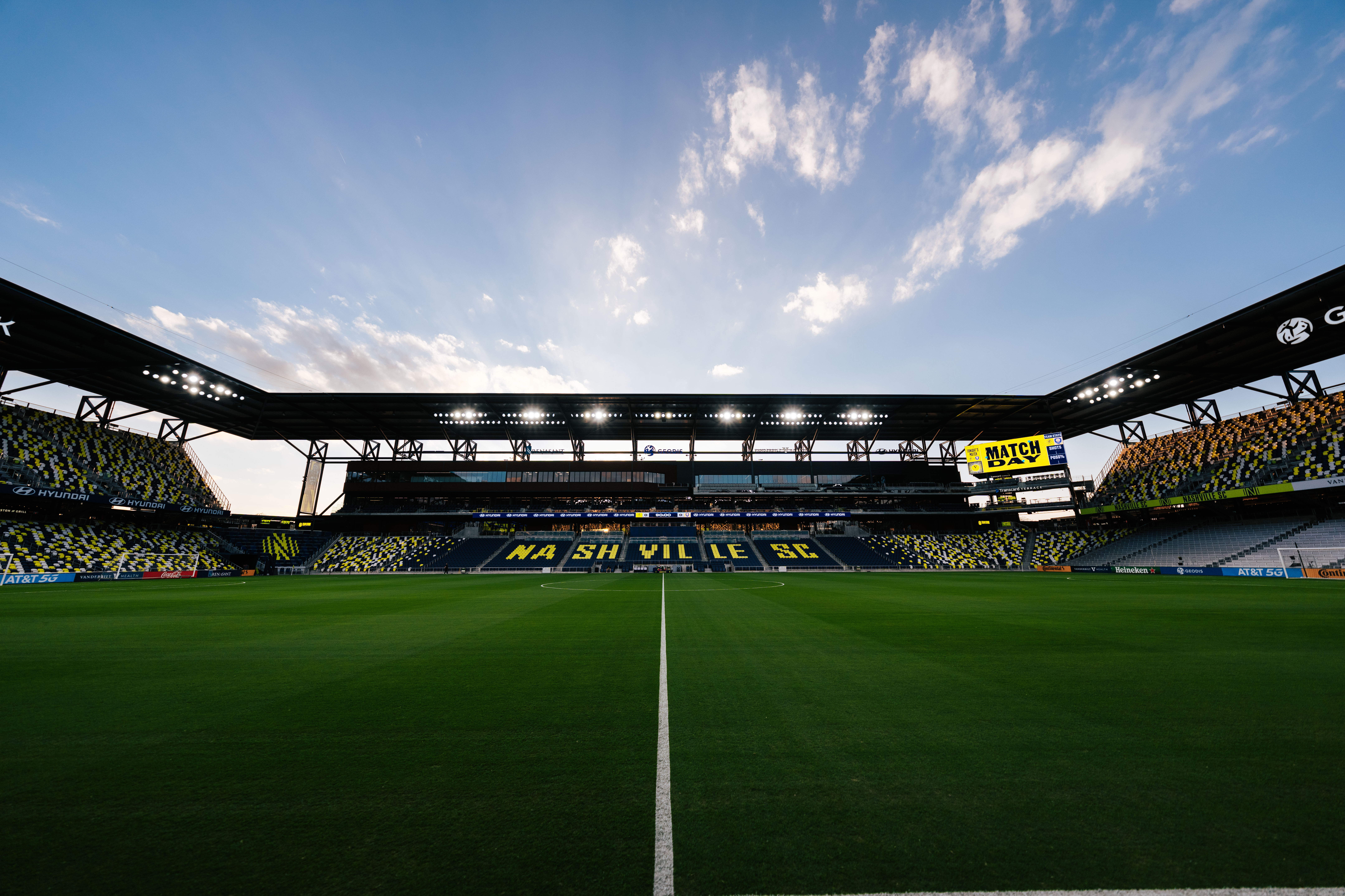 The interior of Nashville's Geodis Park stadium, taken from the field. 