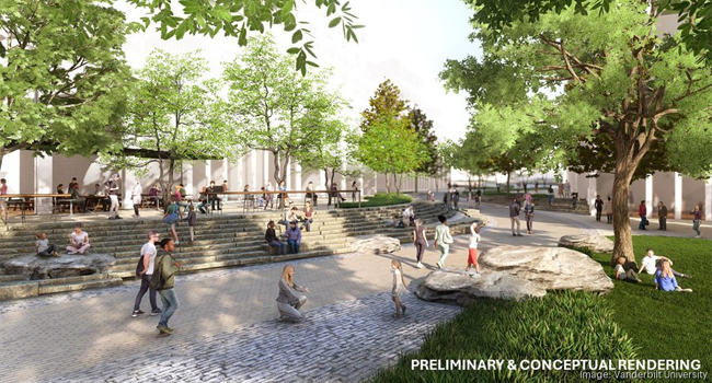 Preliminary conceptual rendering of a tree-lined plaza with seating, steps, and people gathered in a vibrant outdoor university setting. Image: Vanderbilt University