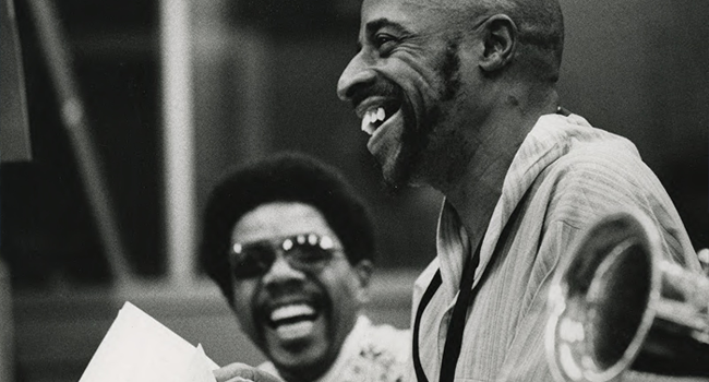 A black and white photo of a recording session from the Yusef A. Lateef Collection