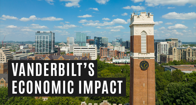 Aerial view of Vanderbilt University’s Kirkland Hall tower with Nashville skyline, featuring text 'Vanderbilt’s Economic Impact' in bold.