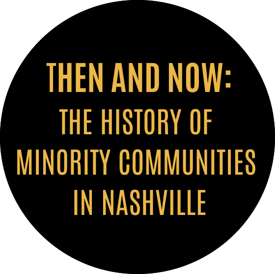 The words ''Then and Now: The History of Minority Communities in Nashville'' in gold on a black background
