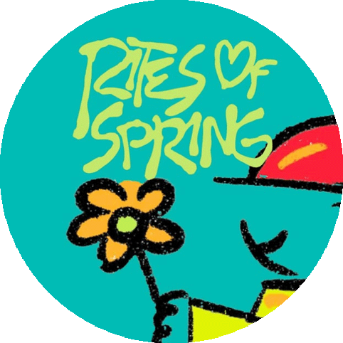 Colorful 'Rites of Spring' logo featuring a stylized figure holding a flower, wearing a red hat, on a teal background.